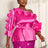 AOMEIDRESS Shiny One Shoulder Ruffled Satin Top Long Puff Sleeves Rose / L
