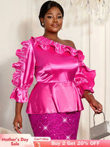 AOMEIDRESS Shiny One Shoulder Ruffled Satin Top Long Puff Sleeves Rose / L