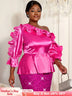 AOMEIDRESS Shiny One Shoulder Ruffled Satin Top Long Puff Sleeves Rose / L