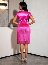 AOMEIDRESS Shiny Rose Satin Slim Dress with Draped Neckline Fringe