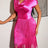 AOMEIDRESS Shiny Rose Satin Slim Dress with Draped Neckline Fringe Rose / S