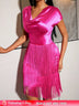 AOMEIDRESS Shiny Rose Satin Slim Dress with Draped Neckline Fringe Rose / S