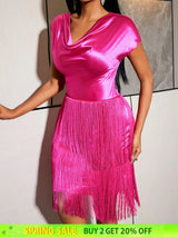 AOMEIDRESS Shiny Rose Satin Slim Dress with Draped Neckline Fringe Rose / S