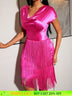 AOMEIDRESS Shiny Rose Satin Slim Dress with Draped Neckline Fringe Rose / S