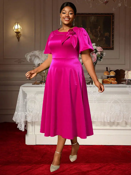 AOMEIDRESS Shiny Satin Party Wedding Dress with 3D Flower Puff Sleeve