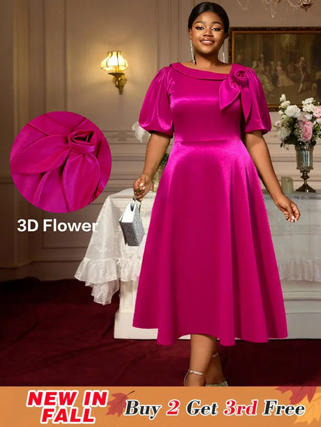 AOMEIDRESS Shiny Satin Party Wedding Dress with 3D Flower Puff Sleeve Rose / S