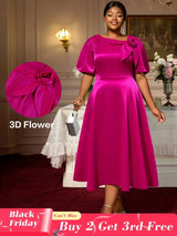 AOMEIDRESS Shiny Satin Party Wedding Dress with 3D Flower Puff Sleeve Rose / S