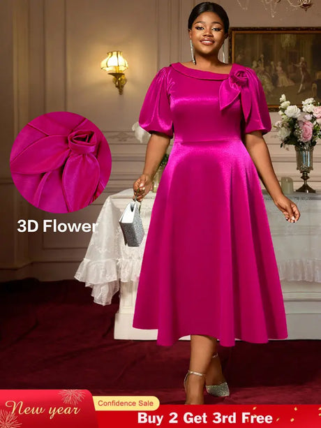 AOMEIDRESS Shiny Satin Party Wedding Dress with 3D Flower Puff Sleeve Rose / S