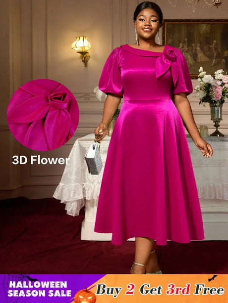 AOMEIDRESS Shiny Satin Party Wedding Dress with 3D Flower Puff Sleeve Rose / S