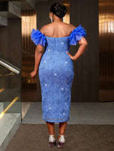 AOMEIDRESS Shiny Sequins Wedding Guest Dresses Slash Neck 3D Ruffles