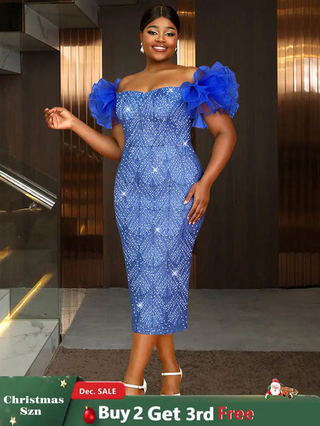 AOMEIDRESS Shiny Sequins Wedding Guest Dresses Slash Neck 3D Ruffles Blue / S