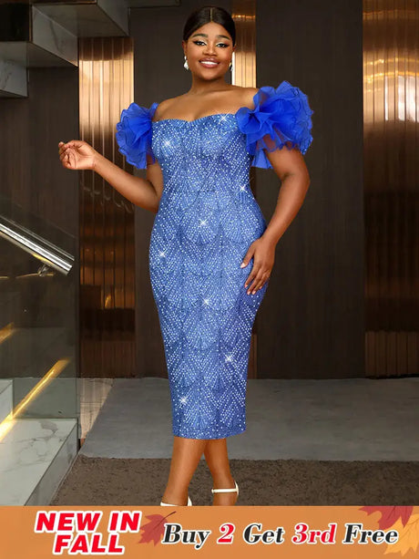 AOMEIDRESS Shiny Sequins Wedding Guest Dresses Slash Neck 3D Ruffles Blue / S