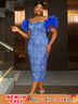 AOMEIDRESS Shiny Sequins Wedding Guest Dresses Slash Neck 3D Ruffles Blue / S