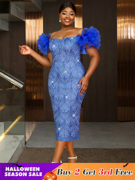 AOMEIDRESS Shiny Sequins Wedding Guest Dresses Slash Neck 3D Ruffles Blue / S