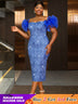 AOMEIDRESS Shiny Sequins Wedding Guest Dresses Slash Neck 3D Ruffles Blue / S