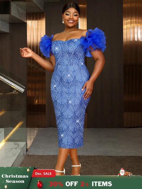 AOMEIDRESS Shiny Sequins Wedding Guest Dresses Slash Neck 3D Ruffles Blue / S