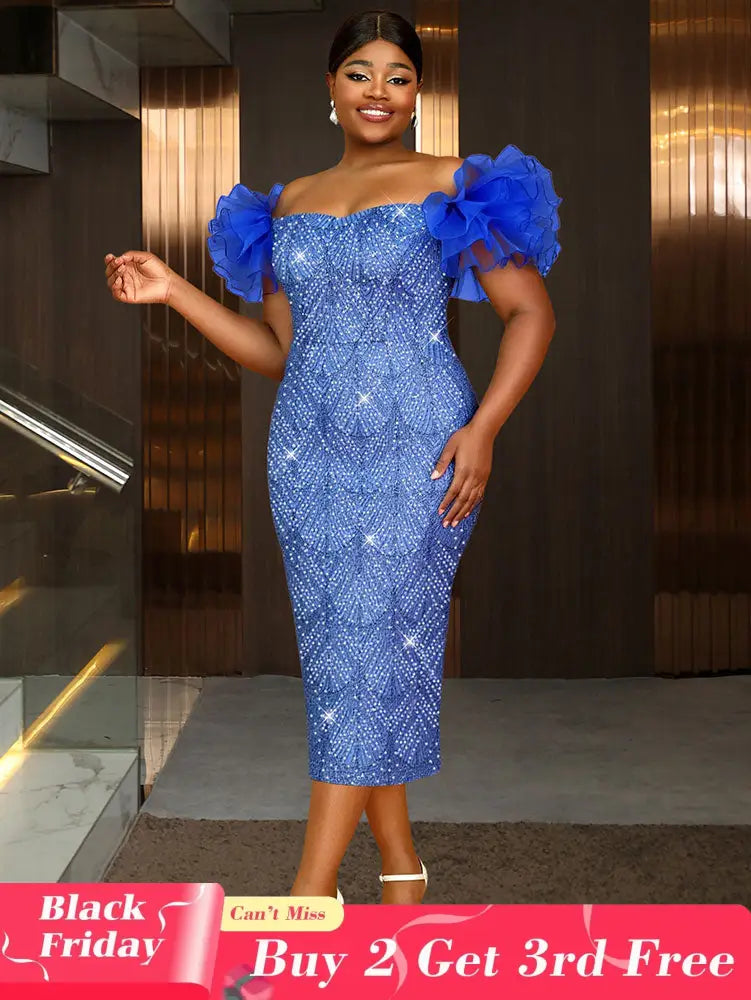 AOMEIDRESS Shiny Sequins Wedding Guest Dresses Slash Neck 3D Ruffles Blue / S