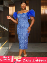 AOMEIDRESS Shiny Sequins Wedding Guest Dresses Slash Neck 3D Ruffles Blue / S