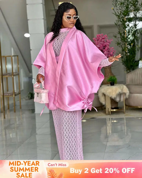 AOMEIDRESS Shiny Two Pieces Set Loose Coat Inner Lace Long Dress Pink / S