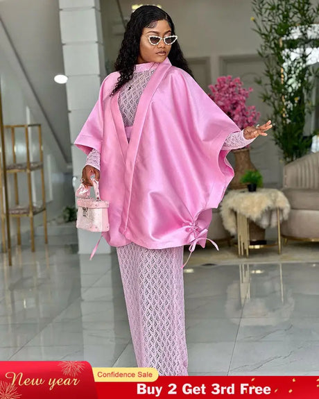 AOMEIDRESS Shiny Two Pieces Set Loose Coat Inner Lace Long Dress Pink / S