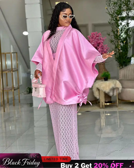 AOMEIDRESS Shiny Two Pieces Set Loose Coat Inner Lace Long Dress Pink / S