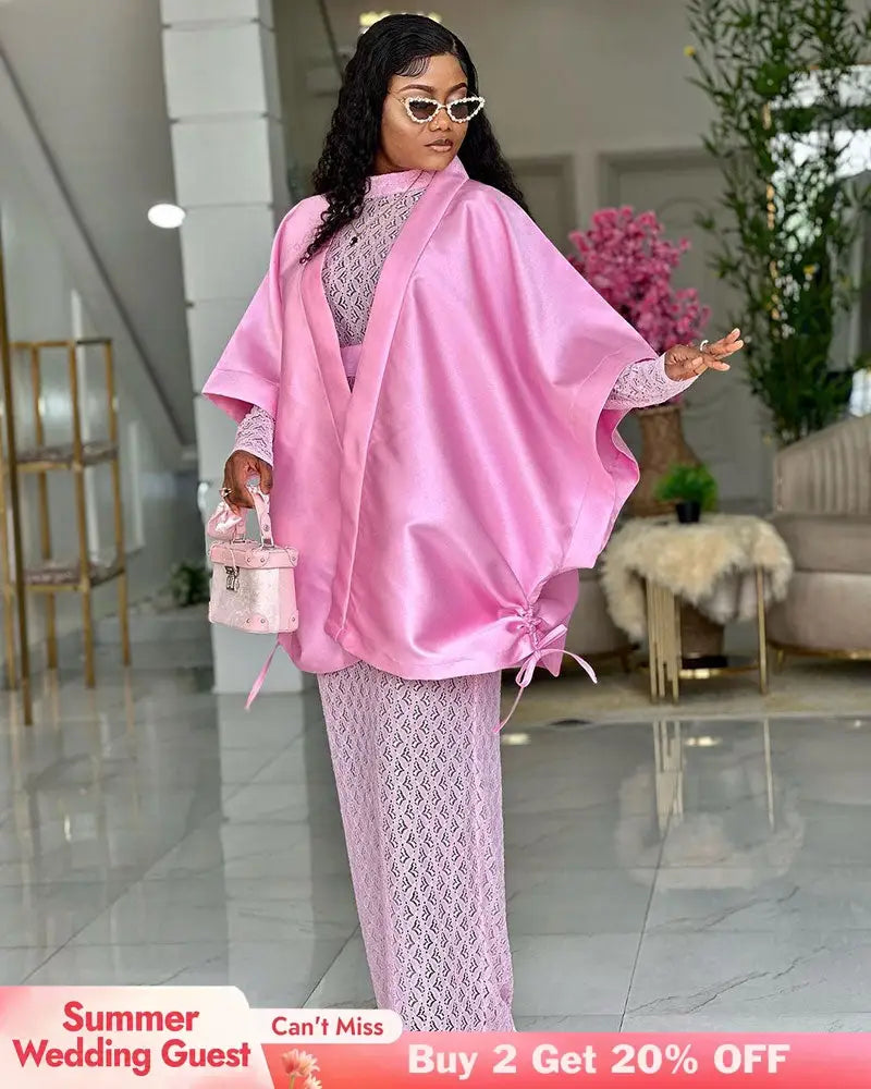 AOMEIDRESS Shiny Two Pieces Set Loose Coat Inner Lace Long Dress Pink / S