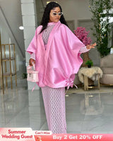 AOMEIDRESS Shiny Two Pieces Set Loose Coat Inner Lace Long Dress Pink / S