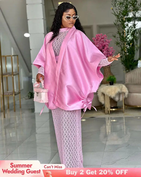 AOMEIDRESS Shiny Two Pieces Set Loose Coat Inner Lace Long Dress Pink / S