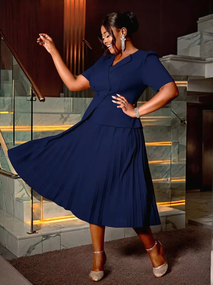 AOMEIDRESS Elegant V Neck Pleated Office Dress A Line Button Up Short Sleeve

