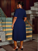 AOMEIDRESS Button Up V Neck Office Dress Pleated A Line Short Sleeve

