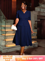 AOMEIDRESS V Neck Pleated A Line Office Dress Short Sleeve Button Up

