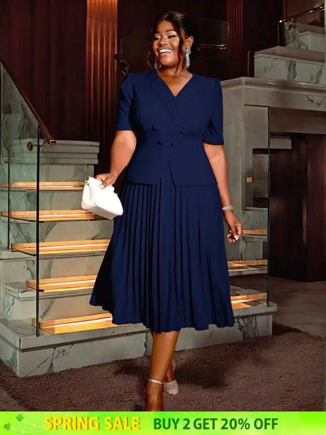 AOMEIDRESS V Neck Pleated A Line Office Dress Short Sleeve Button Up

