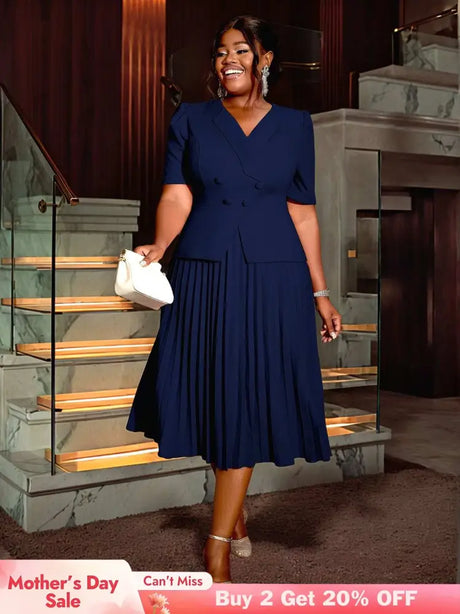 AOMEIDRESS V Neck Pleated A Line Office Dress Short Sleeve Button Up

