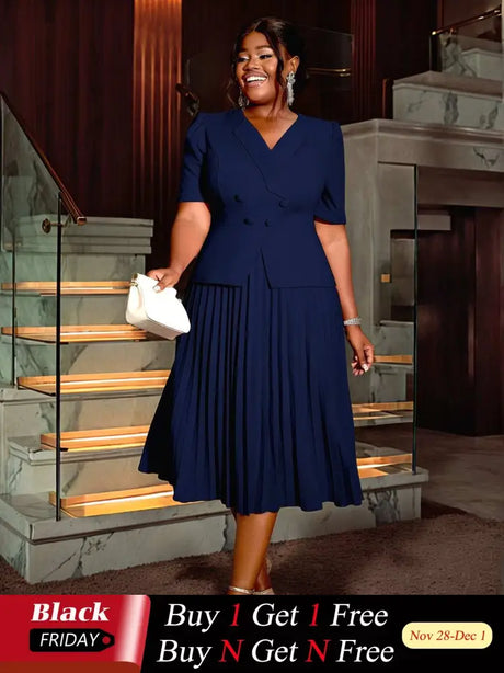 AOMEIDRESS V Neck Pleated A Line Office Dress Short Sleeve Button Up

