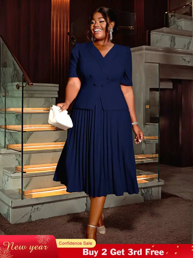 AOMEIDRESS V Neck Pleated A Line Office Dress Short Sleeve Button Up

