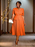 AOMEIDRESS Short Sleeve Office Dress V Neck A Line Pleated with Buttons Orange / S