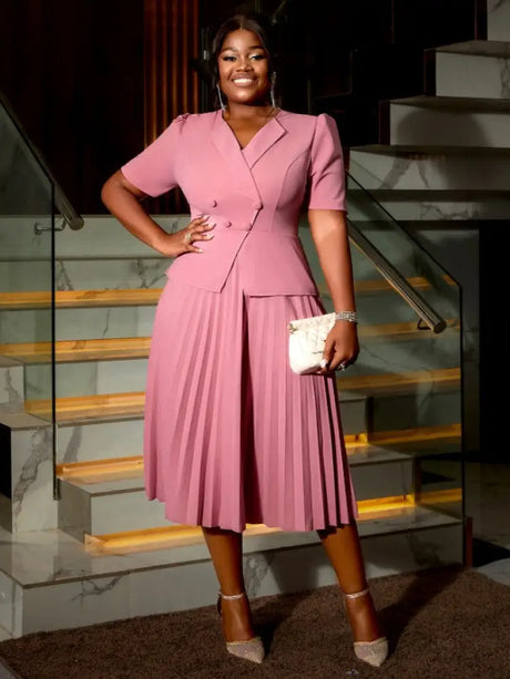 AOMEIDRESS Workwear V Neck Short Sleeve Dress A Line Pleated Button Up

