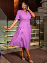 AOMEIDRESS Short Sleeve Office Dress V Neck A Line Pleated with Buttons

