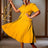 AOMEIDRESS Short Sleeve Office Dress V Neck A Line Pleated with Buttons Yellow / S