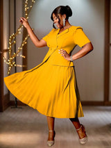 AOMEIDRESS Short Sleeve Office Dress V Neck A Line Pleated with Buttons Yellow / S