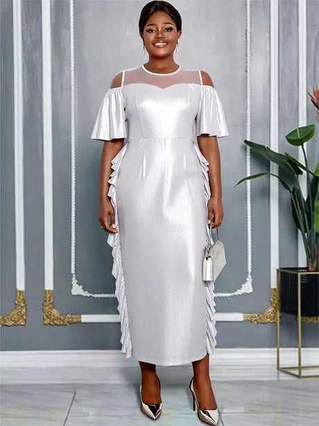 AOMEIDRESS Silver Off Shoulder Bodycon Dress O Neck Ruffles Gowns