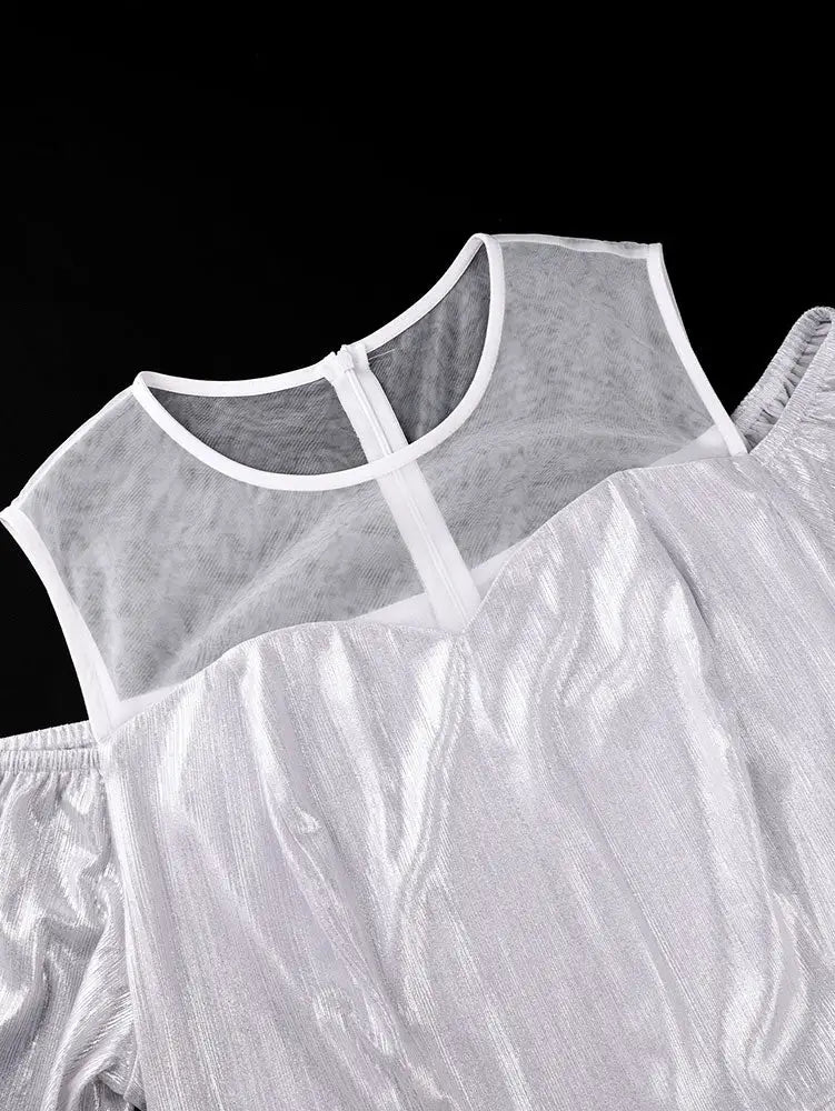 AOMEIDRESS Silver Off Shoulder Bodycon Dress O Neck Ruffles Gowns