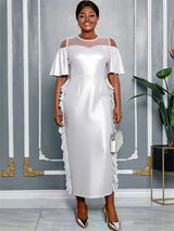 AOMEIDRESS Silver Off Shoulder Bodycon Dress O Neck Ruffles Gowns