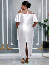 AOMEIDRESS Silver Off Shoulder Bodycon Dress O Neck Ruffles Gowns