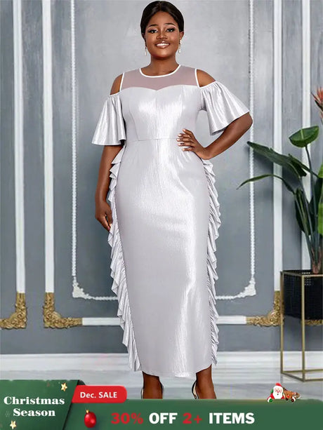 AOMEIDRESS Silver Off Shoulder Bodycon Dress O Neck Ruffles Gowns Silver / L