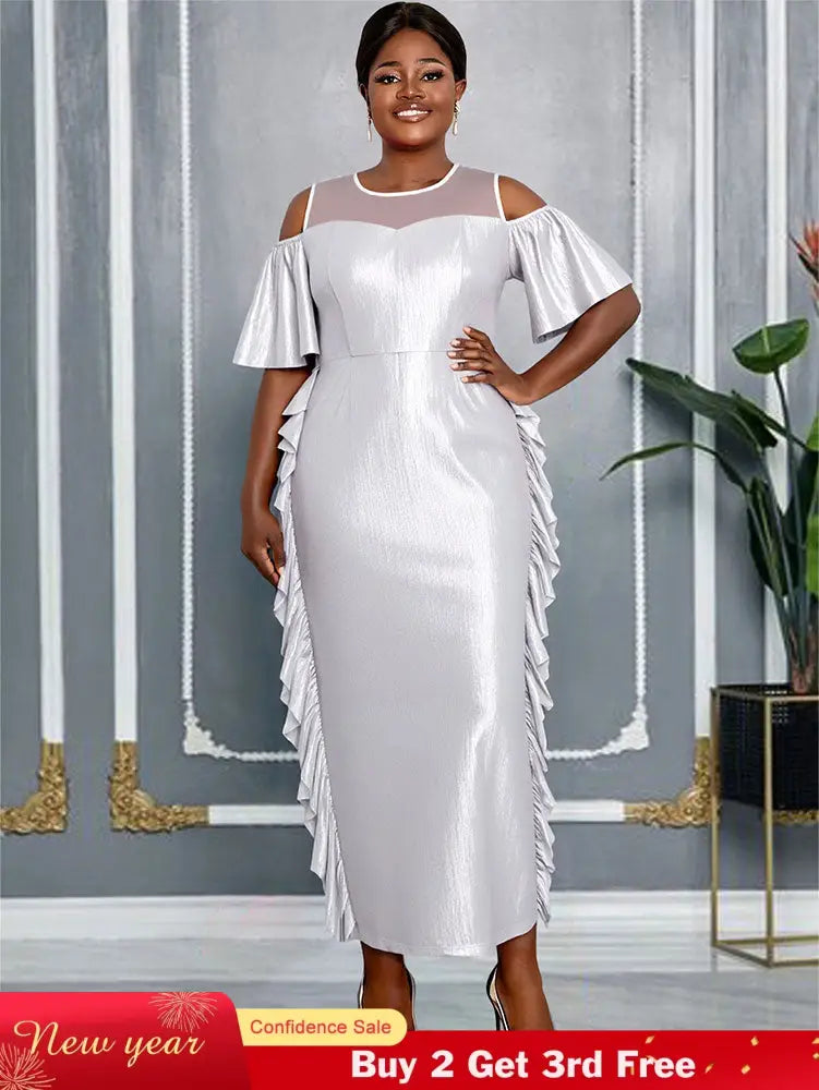 AOMEIDRESS Silver Off Shoulder Bodycon Dress O Neck Ruffles Gowns Silver / L