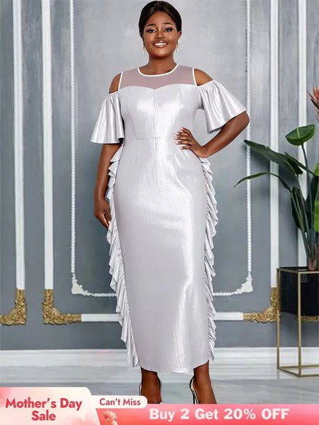 AOMEIDRESS Silver Off Shoulder Bodycon Dress O Neck Ruffles Gowns Silver / L