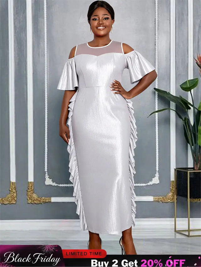AOMEIDRESS Silver Off Shoulder Bodycon Dress O Neck Ruffles Gowns Silver / L