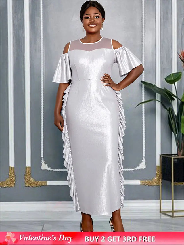 AOMEIDRESS Silver Off Shoulder Bodycon Dress O Neck Ruffles Gowns Silver / L