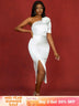 AOMEIDRESS Simple Wedding White Dress One Shoulder Package Hip Dress White / S